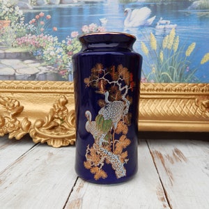 Japanese Vase Blue and Gold Crane Birds, Sleeve Vase Japanese Porcelain 6&quot; Vase, Smalll Blue Vase