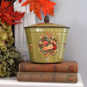 HOLLAND Tin Container Colorful Chintz Florals Green Gold, Round Metal Container Holland, Metal Canister, Vintage Trinket Box