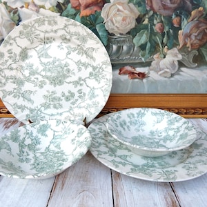 Green Toile Plates & Bowls Set BARRATS England SONGBIRDS GREEN Rare Discontinued Pattern, Floral Chintz Dinner Plates Cereal Bowls, Vintage
