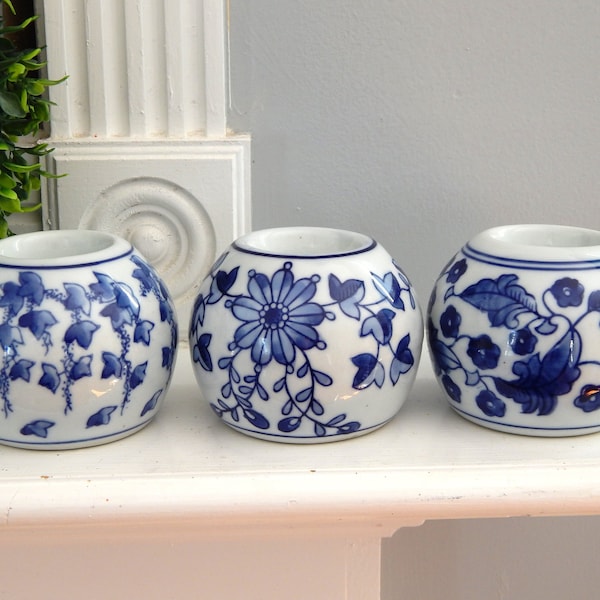 Chinoiserie Tealight Candle Holders White and Blue Set of 3, Round Porcelain Candleholders White & Blue