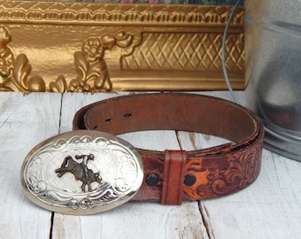 Vintage Wrangler Brown Tooled Horse Leather Belt/silver  display picture 1