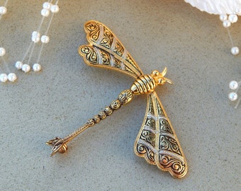 Damascene Dragonfly Pin, Vintage Dragonfly Broche Faux Damascene, Mid Century Insect Pin, Figural Pin, Vintage
