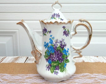 LEFTON Coffee Pot Spring Bouquet JAPAN Purple Violets Blue Flowers Gold, Elegant Vintage Collectible Coffee Pot Teapot, Coffee Lover Gift