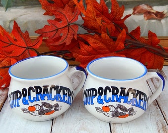Vintage Soup Mugs Set of 2 PMC, Soup and Crackers Collectible Mugs, Couple Gift