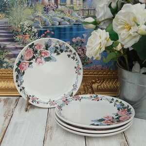 Pink Rose Cake Plates Potpourri Press CHRISTINA Set of 4, Floral Plates Pink Roses Ribbons Blue Flowers Discontinued, Vintage, Thanksgiving