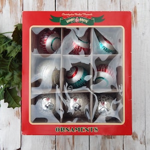 Boxed Ornaments Lot of 9 Shiny Brites by Radko Krebs, Retro Ornaments Silver Red Green, Vintage Christmas