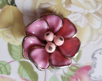 Pink Flower Pin, Pink Glass Flower Brooch, Mid Century Flower Brooch Poured Glass