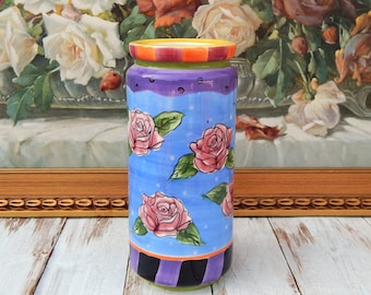 MILSON & LOUIS Vase, Hand-Painted Vibrant Vase Blue Yellow Purple Pink Roses