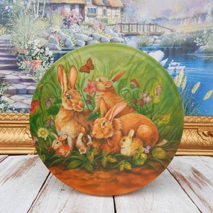 Bunny Rabits Tin Round Box, Bunny Family Vintage Tin