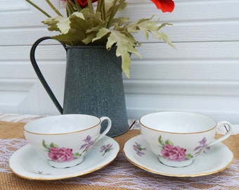BOHEMIAN Czechoslovakia Cups and Saucers Set of 2, Fine Bohemian China Pink Roses, Elegant Vintage Floral Tea Cups Coffee Cups, Tea for Two