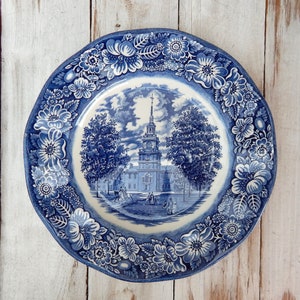 Liberty Blue Plate Independence Hall Staffordshire Ironstone, White and Blue Transferware, England