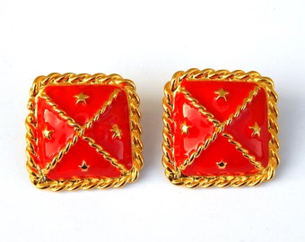 Red Square Earrings Gold Stars, Modernist Earrings Bright Red Enamel Enamel