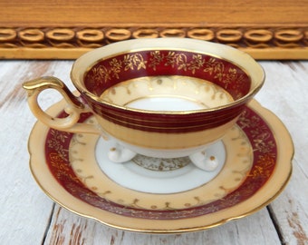 Antique Demitasse Tea Cup Saucer FERN China Japan, Footed Cup Hand-Painted Red Gold, Vintage Cabinet Cup