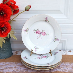 BOHEMIAN Czechoslovakia Plates Set of 4, Fine Bohemian China Pink Roses, Dinner Plates, Big Plates, Vintage Floral Plates