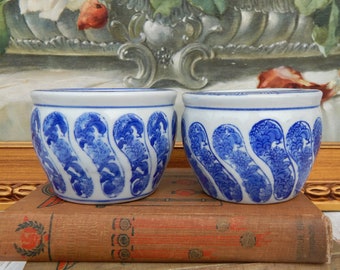 Chinoiserie Small Planters Pair, White and Blue Chinese Porcelain Planters