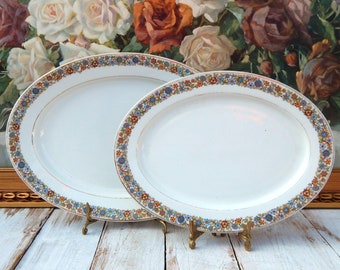 Antique Platters CZECHOSLOWAKIA S M, Porcelain Oval Platters Set of 2 Floral Border Gold Trim, Thanksgiving