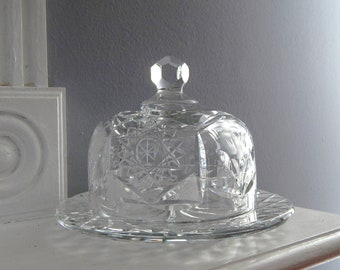 Crystal Butter Dish, Vintage Cut Crystal Covered Butter Dish Cheese Keeper, Round Butter Dish with Cloche Cover, Vintage