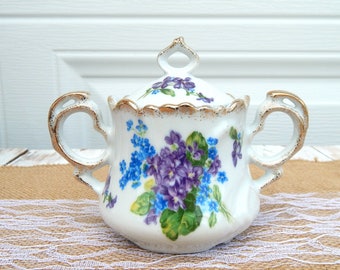 LEFTON Sugar Bowl Spring Bouquet JAPAN Purple Violets Blue Flowers Gold, Elegant Vintage Collectible Sugar Bowl w/Lid, Tea Coffee Lover Gift