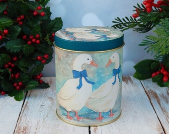 Christmas Geese Tin Container, Metal Container with Lid White Geese with Blue Bows, Vintage Metal Box