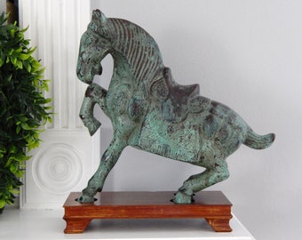 Bronze Horse Statue on Wood Base, Vintage Asian Horse Statue, Chinoiserie Bronze Horse