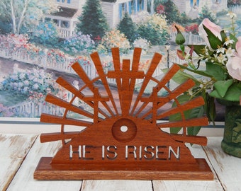 Easter Decor Carved Wood Crucifix at Sunrise HE IS RISEN, Religious Easter Decor, Gift, Christian, Vintage