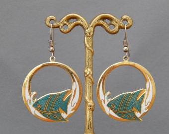 Tropical Fish Earrings, Enamel Earrings Dangly Hoops, Cloisonne Enamel Ocean Fish Coastal Jewelry Nautical