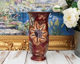 Chinoiserie Vase Purple Dark Red Gold, 8" Vase Floral Motif, Fall