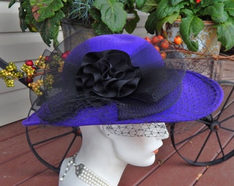 Vintage GRACE HATS Asymmetry Hat Morry Wool Purple Fedora Teal Trim Brown Band Grace Hats Fedora Black Wool Felt Purple Grosgrain Ribbon  main image 3