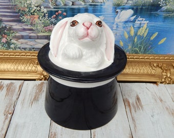 Magician Rabbit Cookie Jar Italy, Rare Rabbit in Hat Cookie Jar, Easter Centerpiece Bunny Cookie Jar