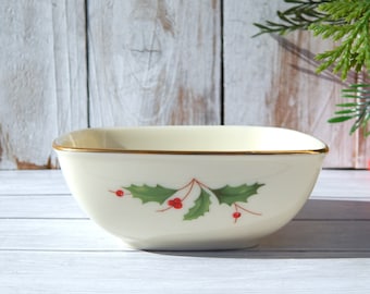 LENOX Holiday Candy Dish Square Small Bowl Ivory White Gold Trim, Lenox Bon Bon Christmas