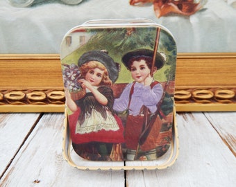 Victorian Children Tin Container, Metal Container with Lid and Handle, Tin Basket, Small Metal Box