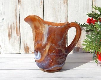 Brown Pitcher Slag Glass Imperial, Mid Century Embossed Windmill Dutch Motif Pitcher, Thanksgiving