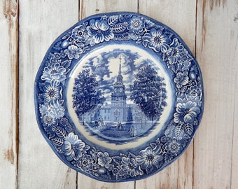 Liberty Blue Plate Independence Hall Staffordshire Ironstone, White and Blue Transferware, England