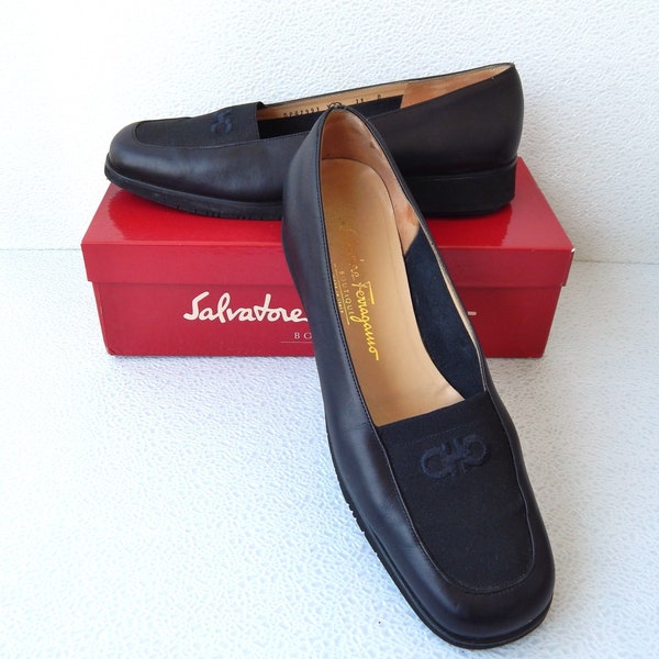 SALVATORE FERRAGAMO Shoes SEILA Size 11 B, Womens Shoes Black Leather Flats Low Wedge Slip-Ons, Black Leather Shoes