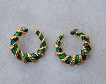 Green Hoop Earrings, Christmas Wreath Earrings, Green Enamel Gold Tone Earrings, Christmas