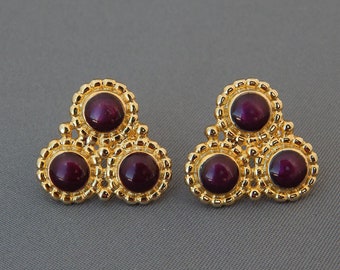 Boucles D'oreilles Vintage En Porcelaine - Émaillé Violet Et Vert Sur Or, Clous Acier, Occasion