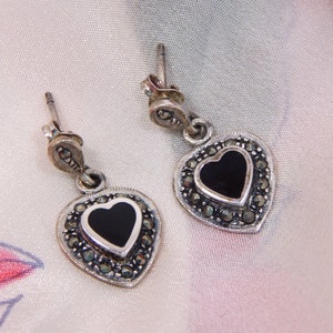 Black Onyx Heart Earrings Sterling Silver Marcasite, Heart Earrings Black Onyx