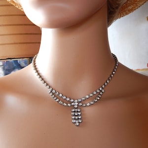 Rhinestone Necklace Art Deco Style, Rhinestone Choker Necklace Silver Tone, Mid Century Bridal Wedding Necklace, Estate Jewelry