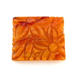 Carved BAKELITE Pin, Marbled Butterscotch Bakelite Square Floral Brooch, Large Deeply Carved Bakelite Pin, Estate Jewelry
