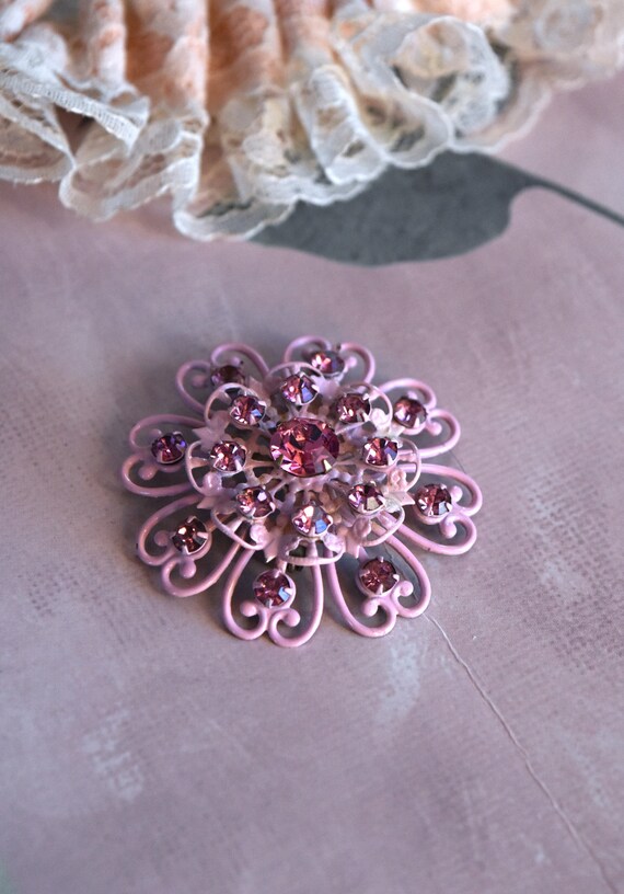 Pink Enamel Pin, Rhinestone Enamel Flower Pin, Pi… - image 3