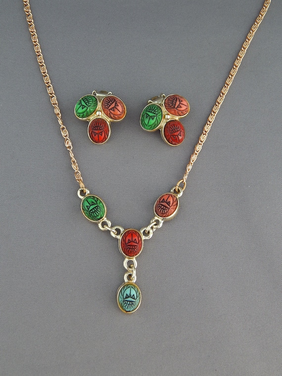 Scarab Necklace Earrings Set, Multi-Color Scarabs… - image 3