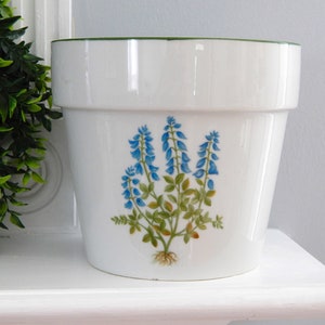 Vintage Planter JAPAN, Blue Flowers Round Planter Flowerpot, Large Porcelain Flower Pot