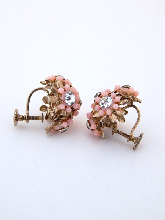 Pink Flower Earrings Screw-Backs Celluloid Rhines… - image 4