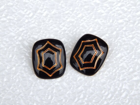Black Enamel Earrings Clip-Ons, Rectangular Black… - image 5