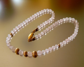 Rose Quartz Necklace Vermeil Clasp, Beaded Rose Quartz Necklace, Pale Pink and Gold Necklace, Estate Jewelry, Valentine's Day