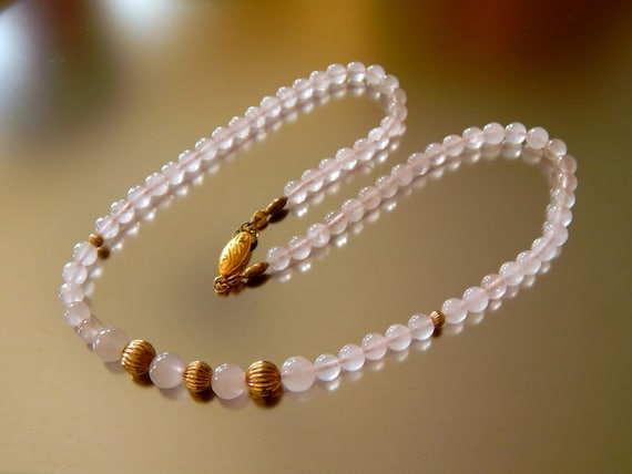 Rose Quartz Necklace Vermeil Clasp, Beaded Rose Q… - image 1