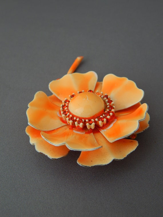 Orange Enamel Flower Pin, Rhinestone Enamel Flowe… - image 4