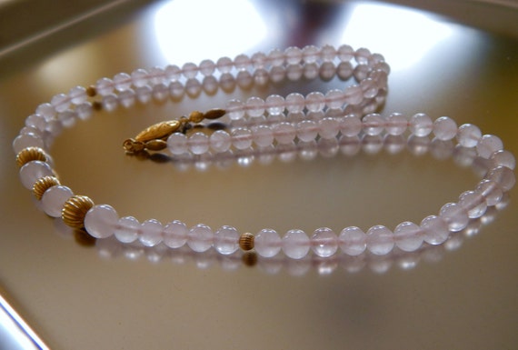 Rose Quartz Necklace Vermeil Clasp, Beaded Rose Q… - image 2