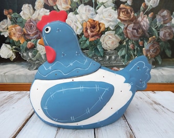 Rooster Cookie Jar, Vintage Hand-Painted Ceramic Blue Rooser Collectible Cookie Jar Rustic Folksy, Country Cottage Farmhouse Kitchen Kitsch
