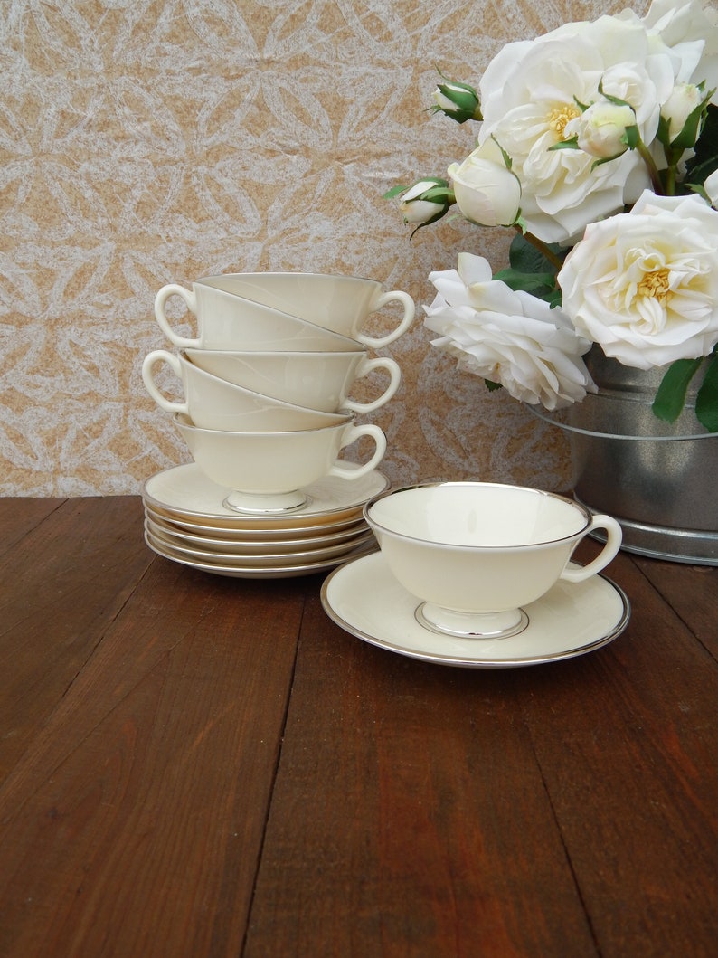 LENOX MONTCLAIR Tea Cups and Saucers Set of 6 White Footed Etsy